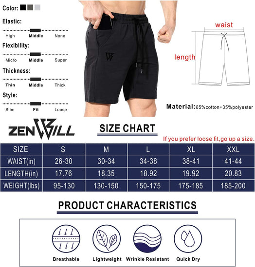 Mens Gym Running Shorts, Workout Athletic Bodybuilding Fitness Shorts with Zip Pockets