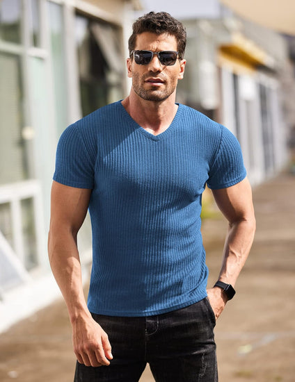 Men'S Muscle T Shirts Stretch Short Sleeve V Neck Bodybuilding Workout Tee Shirts