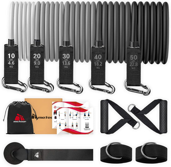 Meteor Essential 150LBS Resistance Band Set, 18 Pieces Resistance Bands, Resistance Loop Set, Natural Latex Fitness Bands for Workout, Yoga, Weightlifting, Therapy, Rehab, Bench Press, Deadlift