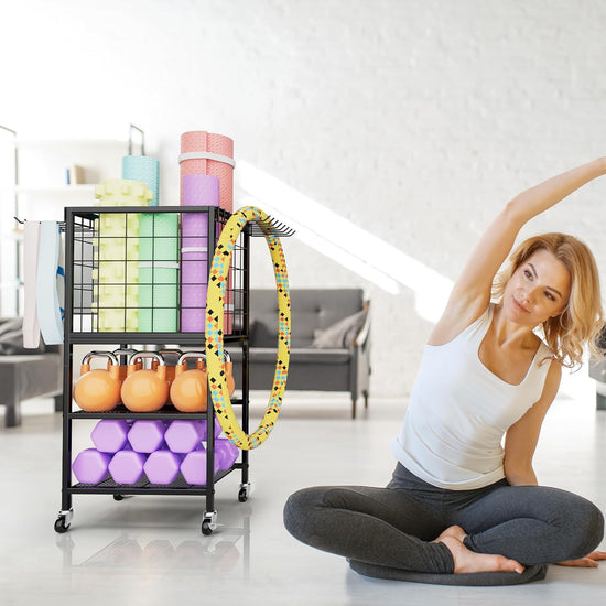 Weight Rack for Home Gym, Workout Equipment Storage Organizer, Home Gym Yoga Mat Storage Rack, Weight Storage Racks with Hooks, Yoga Mat Holder with Wheels for Yoga Block, Dumbbell, Resistance Band