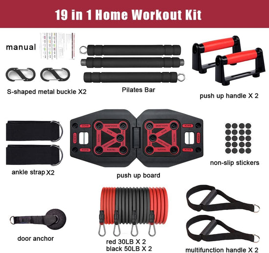 Home Gym Exercise Equipment - Portable Workout System 19 Fitness Accessories 9 In1 Push up Board Set, Resistance Bands with Pilates Bar Strength Training Abs Shoulders Back Butt