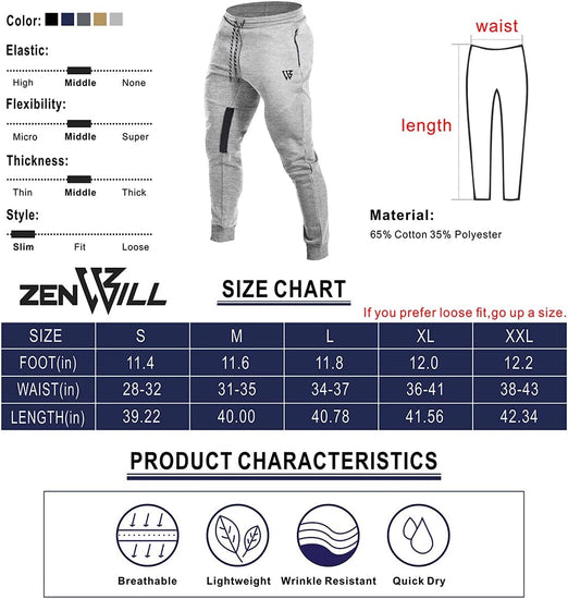 Mens Tapered Gym Joggers, Fitness Pants Casual Workout Track Pants with Zip Pockets