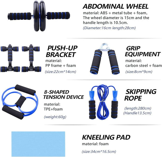 7-In-1 AB Wheel Roller Kit with Push up Brackets Skipping Rope Hand Wrist Developer and Knee Pad for Home Workout - Portable Home Fitness Equipment Push-Up Gripper Ab Roller for Men Abdominal Exerciser GYM