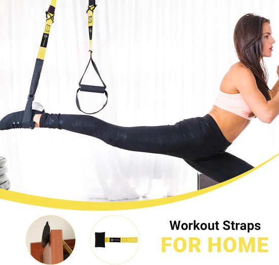 Suspension Trainer Kit Resistance System Full Body Workout Training Equipment Fitness Band Set with Door Anchor Adjustable Workout Straps for Home Gym Travel Outdoors (Yellow)