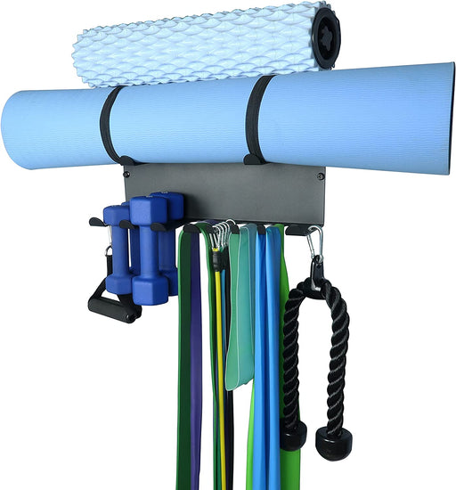 Gym Storage Rack,Double Layer Multi-Purpose Exercise Bands Rack,Resistance Bands Rack with 10 Hooks for Lifting Belt and Jump Rope Storage, Yoga Mat and Foam Roller Holder (Hardware Included)