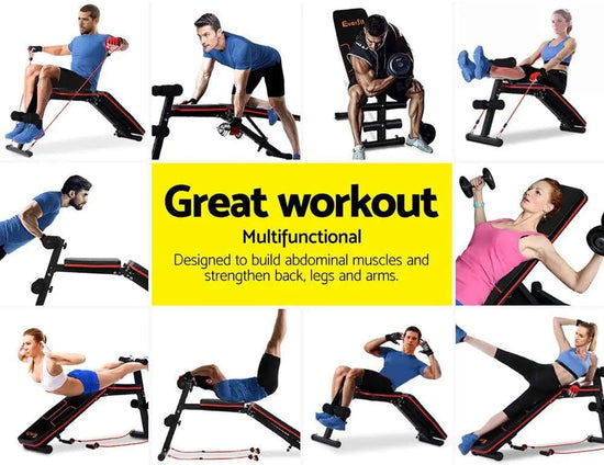 Weight Bench Multi Station Press Barbell Home Gym FID Chair Flat Incline Decline Toning Exercise Equipment Military Row Leg Extension Preacher Curl