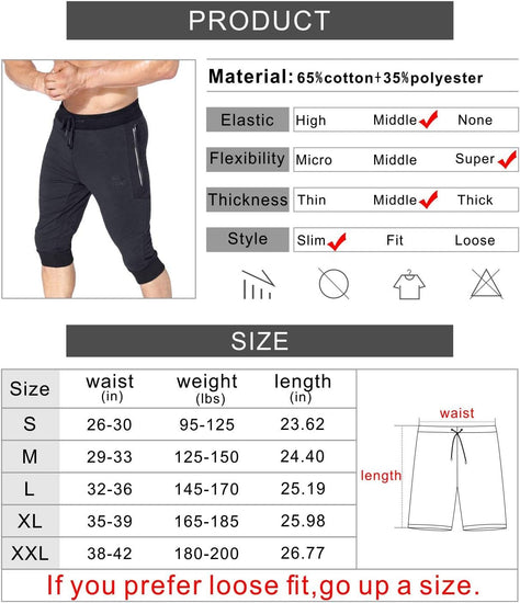 Mens 3/4 Capri Workout Pants,Gym Running Jogger Pants for Men with Zip Pockets