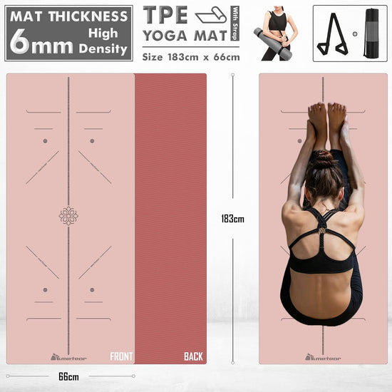 METEOR Essential 6Mm Dual-Tone Yoga Mat with Alignment Lines, TPE Yoga Mat Non-Slip Textured, High-Density Padding for Knee Comfort, Perfect for Yoga, Pilates and Fitness Exercise