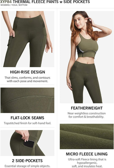 Women'S Thermal Tummy Control Yoga Pants with Pockets, High Waist Warm Fleece Lined Leggings, Winter Workout Running Tights