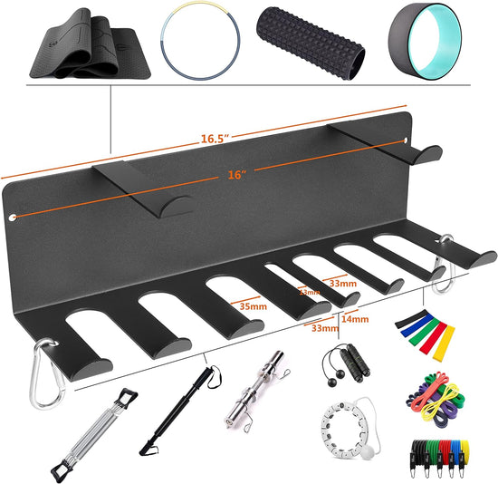 Resistance Bands Rack Wall Mount Home Gym Equipment Storage Rack for Resistance Bands, Jump Ropes, Yoga Mat, Foam Roller, Chains, 16.5", Black