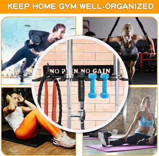 Gym Home Rack 8 Hook Heavy-Duty Wall-Mounted Organizer Multi-Purpose Workout Gear Wall Hanger Storage for Resistance Bands, Jump Ropes, Lifting Belt, Fitness Bands, Barbells Carabiners Included