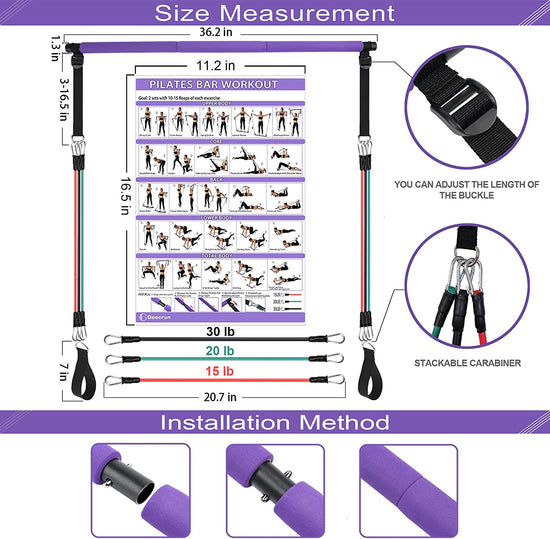 Portable Pilates Bar Kit with Resistance Bands for Men and Women - 6 Exercise Resistance Bands (15, 20, 30 LB) - Home Gym Equipment - Supports Full-Body Workouts – with Video