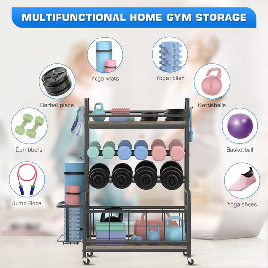 Dumbbell Rack,  Weight Rack for Dumbbells and Kettlebells, All in One Home Gym Storage, Yoga Mat Organizer Holder with Hooks and Wheels, Workout Equipment Weight Stand for Home Exercise And