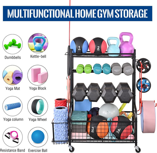 Dumbbell Rack, Home Gym Storage, Weight Rack for Dumbbells, Yoga Rack, Kettlebells and Yoga Mat Storage, Gym Storage Rack with Wheels and Hooks, Workout Equipment Storage for Fitness And