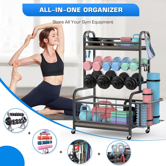 Dumbbell Rack,  Weight Rack for Dumbbells and Kettlebells, All in One Home Gym Storage, Yoga Mat Organizer Holder with Hooks and Wheels, Workout Equipment Weight Stand for Home Exercise And
