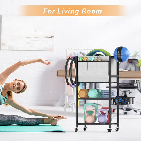 Weight Rack for Home Gym Yoga Mat Storage Rack with Hooks and Wheels, Dumbbell Storage Rack with Fabric Bin for Kettlebell Foam Roller Yoga Strap Resistance Band, Small Weight Rack