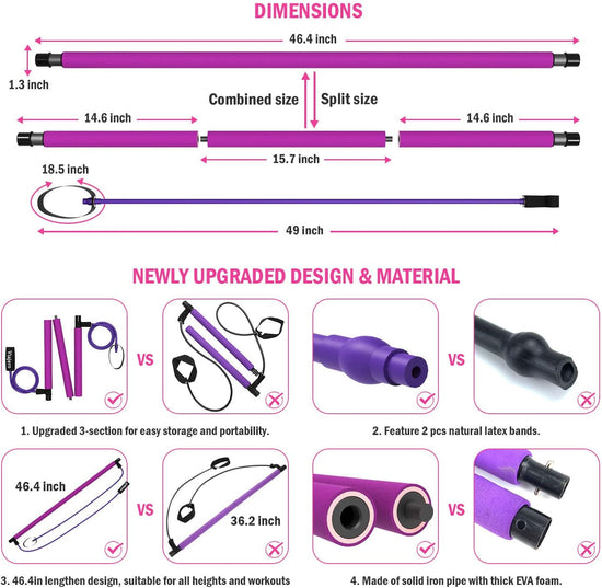 Pilates Bar Kit for Portable Home Gym Workout - 2 Latex Exercise Resistance Band - 3-Section Sticks - All-In-One Strength Weights Equipment for Body Fitness Squat Yoga with E-Book & Video