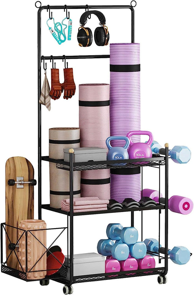 Yoga Mat Storage Rack, Home Gym Storage Weight Rack for Dumbbell Kettlebell Shelves Shelf Garage Racking Holder,Heavy-Duty Sports Gym Organizer with Wheels and Hooks
