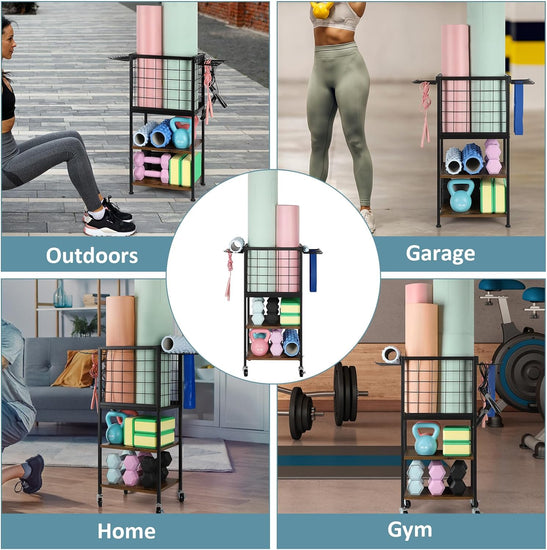 Weight Rack for Home Gym Dumbbells Yoga Mat Storage Rack Cart Small Metal Wood Home Gym Workout Equipment Storage with Hooks for Yoga Block Foam Rollers Resistance Bands