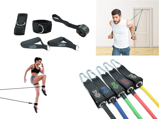 Exercise Resistance Bands Set - 5 Workout Bands Stackable 110-150 Lbs. Strength Training Tubes with Handles, Ankle Straps, Door Anchor, Carry Bag. Fitness Equipment for Home Gym Yoga