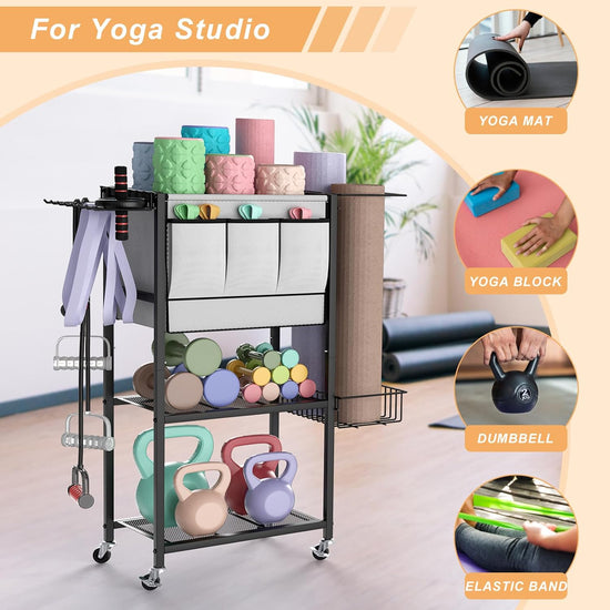 Weight Rack for Home Gym Yoga Mat Storage Rack with Hooks and Wheels, Dumbbell Storage Rack with Fabric Bin for Kettlebell Foam Roller Yoga Strap Resistance Band, Small Weight Rack