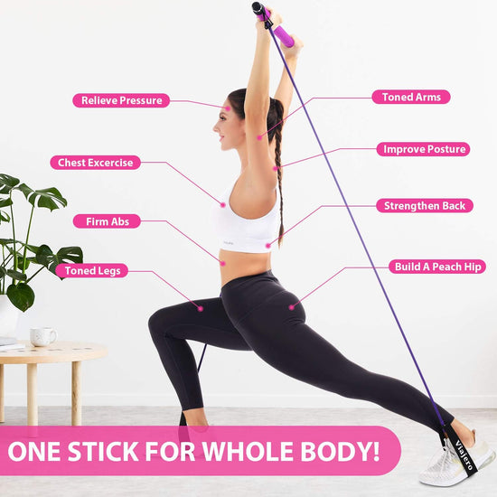 Pilates Bar Kit for Portable Home Gym Workout - 2 Latex Exercise Resistance Band - 3-Section Sticks - All-In-One Strength Weights Equipment for Body Fitness Squat Yoga with E-Book & Video