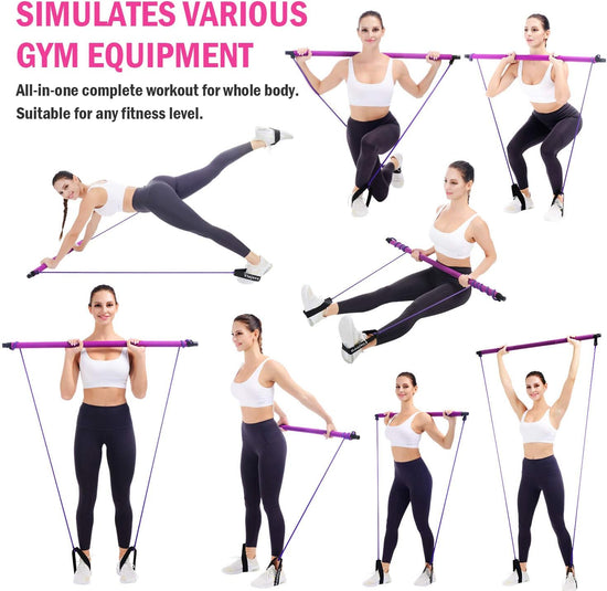 Pilates Bar Kit for Portable Home Gym Workout - 2 Latex Exercise Resistance Band - 3-Section Sticks - All-In-One Strength Weights Equipment for Body Fitness Squat Yoga with E-Book & Video