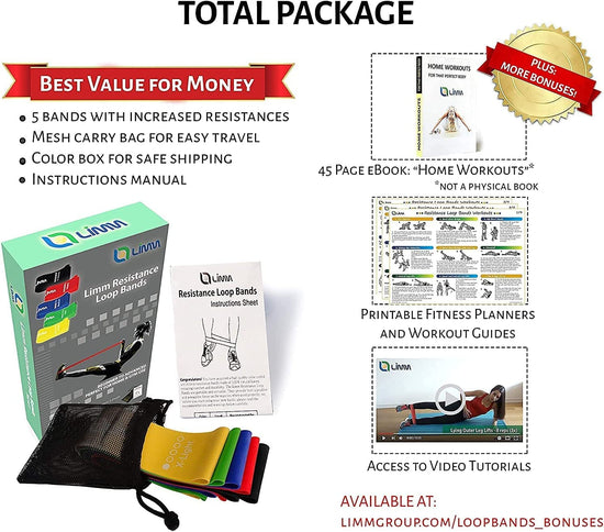 Resistance Bands Exercise Loops - 12-Inch Workout Flexbands for Physical Therapy, Rehab, Stretching, Home Fitness and More - Includes Bonus Ebooks, Instruction Manual, Online Videos & Carry Bag