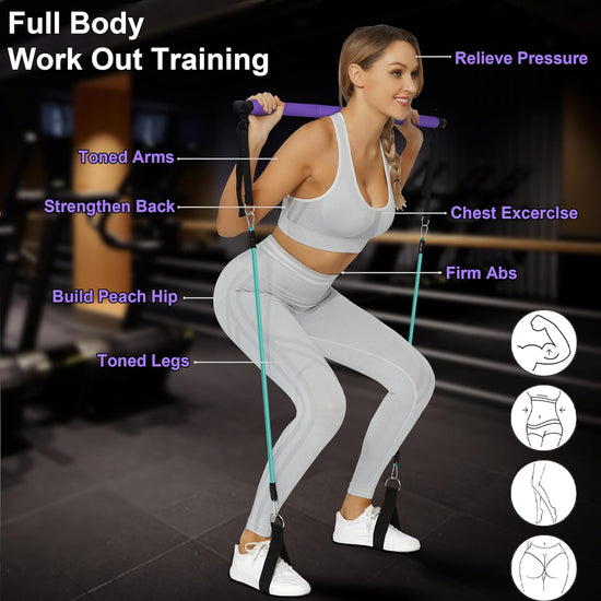 Portable Pilates Bar Kit with Resistance Bands for Men and Women - 6 Exercise Resistance Bands (15, 20, 30 LB) - Home Gym Equipment - Supports Full-Body Workouts – with Video
