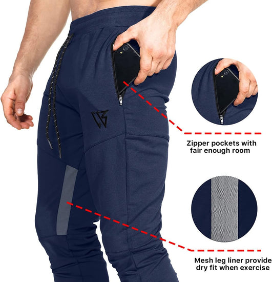 Mens Tapered Gym Joggers, Fitness Pants Casual Workout Track Pants with Zip Pockets