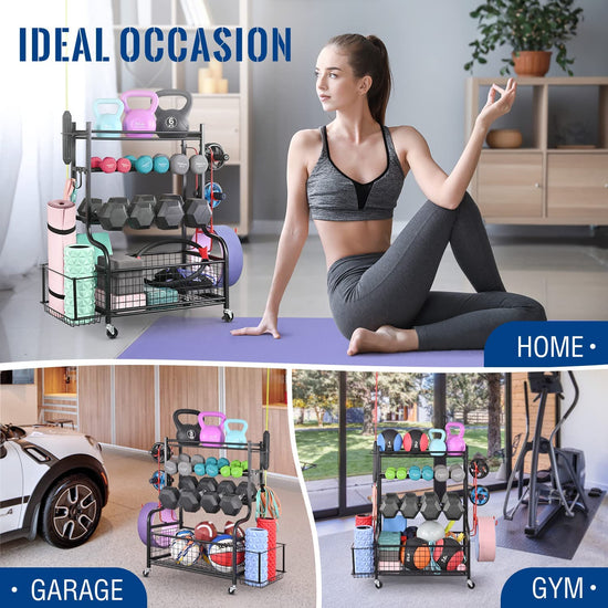 Dumbbell Rack, Home Gym Storage, Weight Rack for Dumbbells, Yoga Rack, Kettlebells and Yoga Mat Storage, Gym Storage Rack with Wheels and Hooks, Workout Equipment Storage for Fitness And