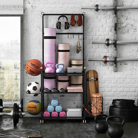 Yoga Mat Storage Rack, Home Gym Storage Weight Rack for Dumbbell Kettlebell Shelves Shelf Garage Racking Holder,Heavy-Duty Sports Gym Organizer with Wheels and Hooks