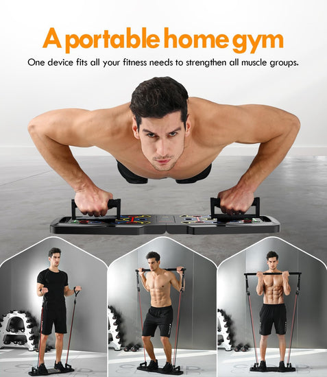 Push up Board,Home Gym,Portable Exercise Equipment,Pilates Bar & 20 Fitness Accessories with Resistance Bands & Ab Roller Wheel,Full Body Workout at Home
