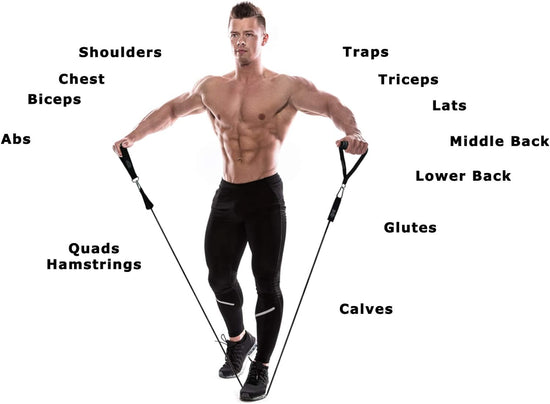 Exercise Resistance Bands Set - 5 Workout Bands Stackable 110-150 Lbs. Strength Training Tubes with Handles, Ankle Straps, Door Anchor, Carry Bag. Fitness Equipment for Home Gym Yoga