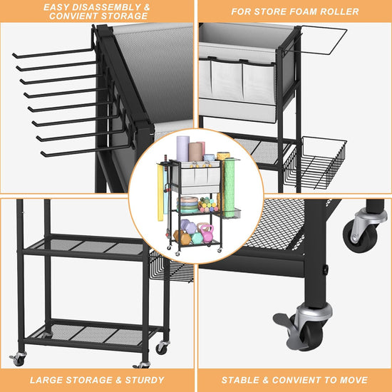 Weight Rack for Home Gym Yoga Mat Storage Rack with Hooks and Wheels, Dumbbell Storage Rack with Fabric Bin for Kettlebell Foam Roller Yoga Strap Resistance Band, Small Weight Rack
