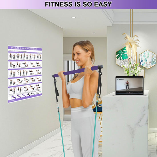 Portable Pilates Bar Kit with Resistance Bands for Men and Women - 6 Exercise Resistance Bands (15, 20, 30 LB) - Home Gym Equipment - Supports Full-Body Workouts – with Video