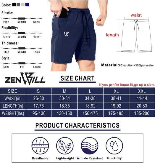 Mens Gym Running Shorts, Workout Athletic Bodybuilding Fitness Shorts with Zip Pockets