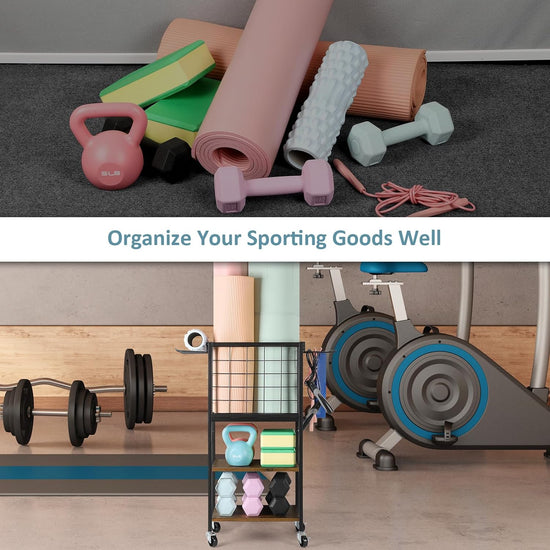 Weight Rack for Home Gym Dumbbells Yoga Mat Storage Rack Cart Small Metal Wood Home Gym Workout Equipment Storage with Hooks for Yoga Block Foam Rollers Resistance Bands