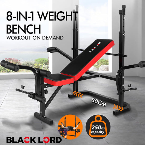 Adjustable Weight Bench Press with Barbell Rack, 8-In-1 Multi-Station Home Gym System with FID, Fitness Strength Training Equipment Exercise Bench for Full-Body Workout, 250Kg Capacity