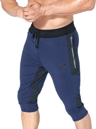 Mens 3/4 Capri Workout Pants,Gym Running Jogger Pants for Men with Zip Pockets
