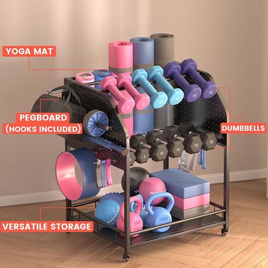 Dumbbell Rack for Home Gym Storage Rack 3 Tier Yoga Mat Kettlebell Dumbbell and Balls Workout Gym Equipment Storage Gym Organization Weight Rack for Dumbbells Home Gym with Wheels and Hooks