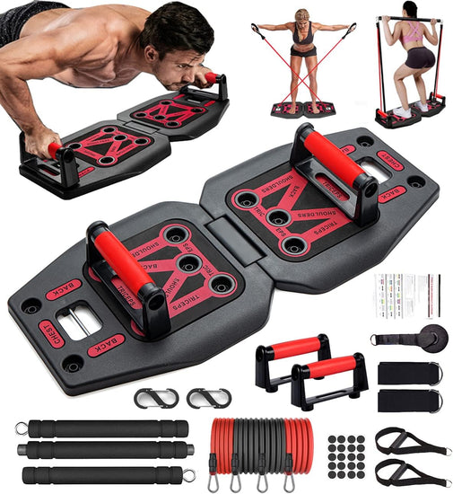 Home Gym Exercise Equipment - Portable Workout System 19 Fitness Accessories 9 In1 Push up Board Set, Resistance Bands with Pilates Bar Strength Training Abs Shoulders Back Butt