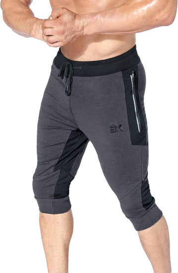 Mens 3/4 Capri Workout Pants,Gym Running Jogger Pants for Men with Zip Pockets