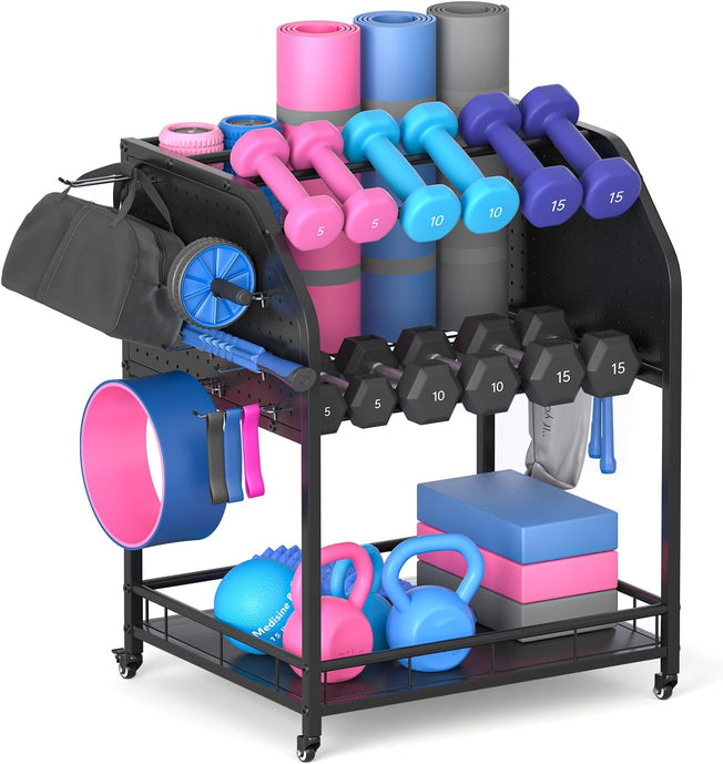 Dumbbell Rack for Home Gym Storage Rack 3 Tier Yoga Mat Kettlebell Dumbbell and Balls Workout Gym Equipment Storage Gym Organization Weight Rack for Dumbbells Home Gym with Wheels and Hooks