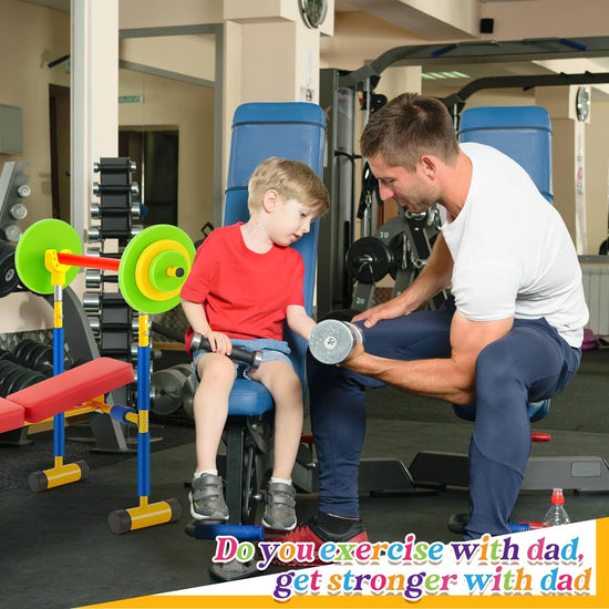 Kids Weight Bench Set Fitness Exercise Equipment for Kids Toddler Adjustable Sports Exercise Equipment with Weights Foam Tray and Bar for Beginners Children Toddler Indoor Outdoor Sport