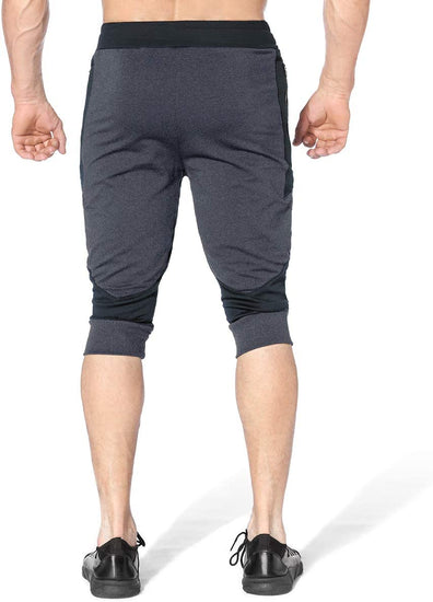 Mens 3/4 Capri Workout Pants,Gym Running Jogger Pants for Men with Zip Pockets