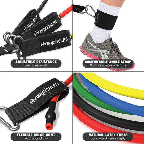 HYBRID Resistance Bands Set Men Women, HEAVY DUTY 12Pcs Exercise Bands, up to 150LB, 68Kg, 2 Foam Handles, 2 Ankle Straps, Door Anchor - Fitness Tubes - Exercise Equipment for Home, Gym, Physio