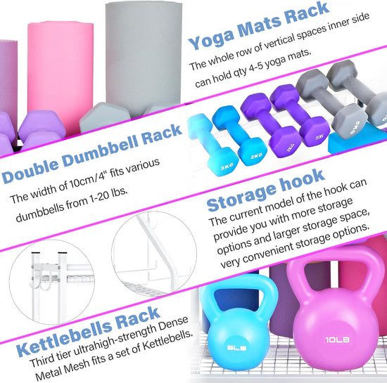 Dumbbell Rack, Yoga Mat Storage Rack - Weight Rack for Dumbbells, Home Gym Storage Rack for Yoga Mat, Dumbbells and Kettlebells, All in One Workout Equipment Storage with Caster Wheels