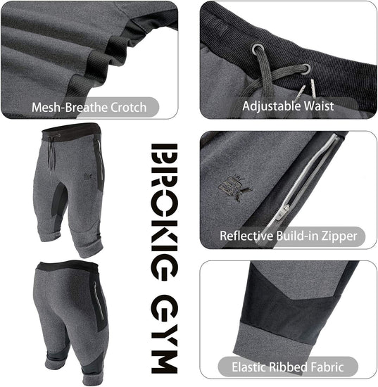 Mens 3/4 Capri Workout Pants,Gym Running Jogger Pants for Men with Zip Pockets