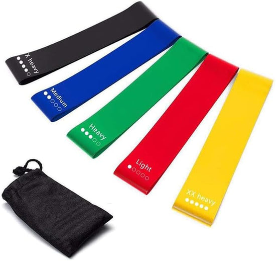 Fitness Resistance Bands for Indoor/Outdoor Workouts and Muscle Toning, with Each Band Indicating Different Strength Levels, Black-Extra Heavy, Red-Heavy, Yellow-Medium, Blue-Light, Green-Extra Light